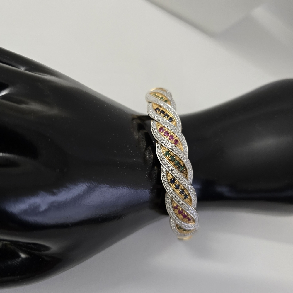 Sterling Silver 925 Multi Gemstone Twisted Bangle Bracelet